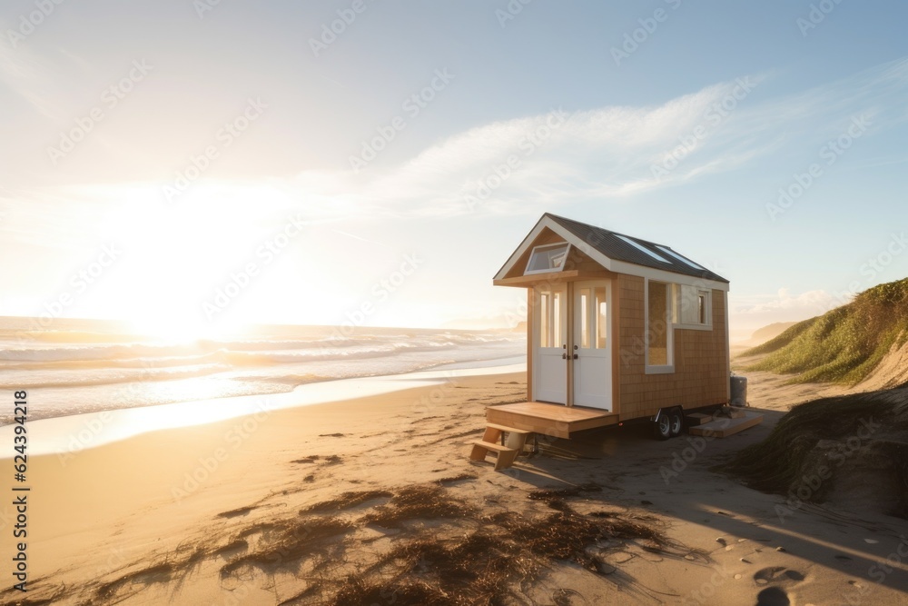 tiny home on the beach, with waves rolling in and sun shining, created with generative ai tiny home on the beach, with waves rolling in and sun shining, created with generative ai