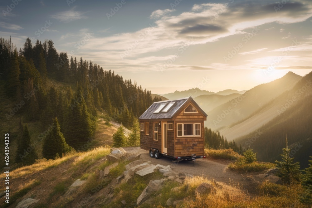 tiny house on wheels, parked in scenic mountain landscape, created with generative ai