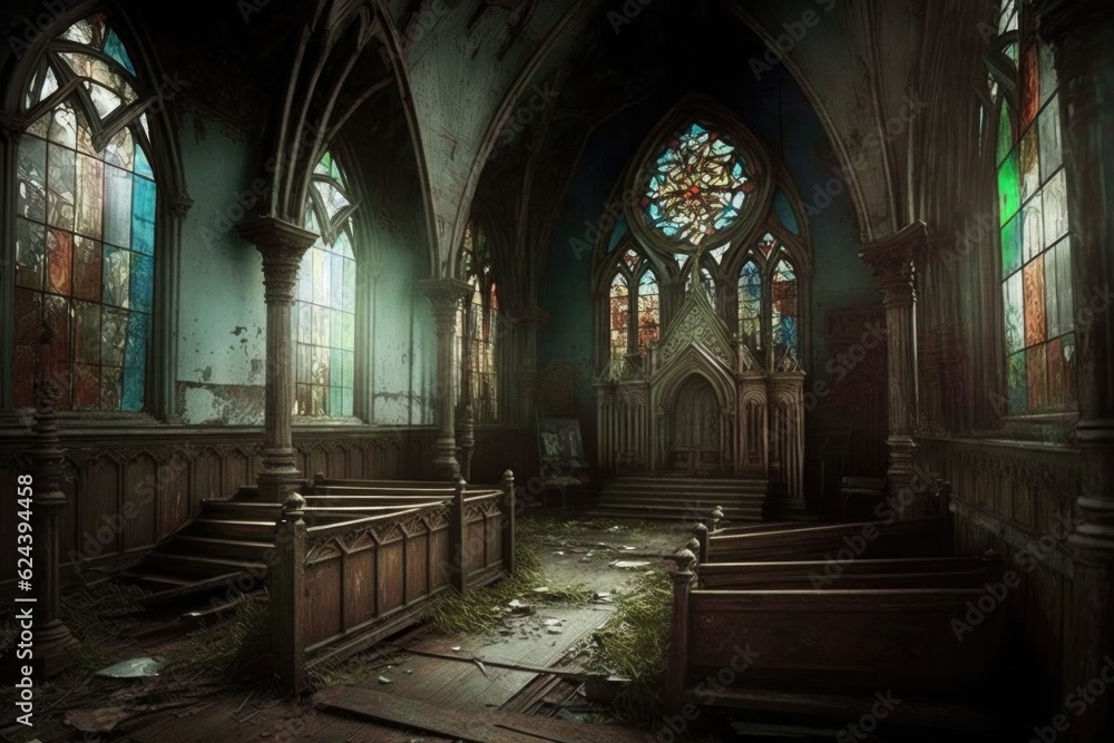 creepy abandoned church with broken stained glass windows and fallen pews, created with generative ai