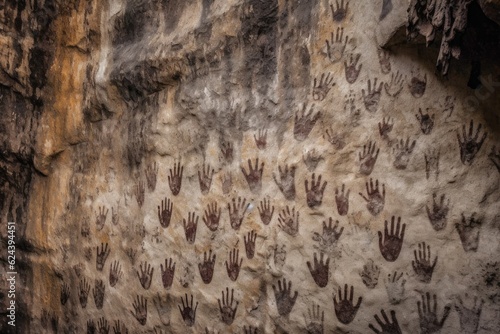 detailed view of handprints on cave wall, created with generative ai photo