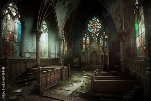 creepy abandoned church with broken stained glass windows and fallen pews  created with generative ai