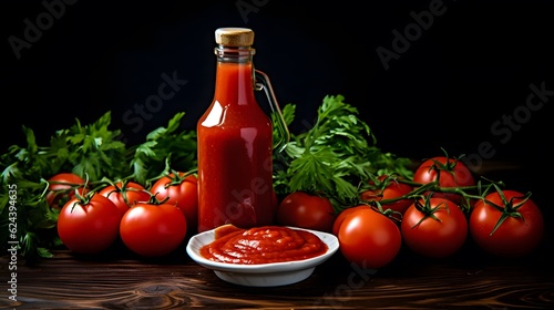 Glass bottle of tasty ketchup and fresh tomatoes isolated on black