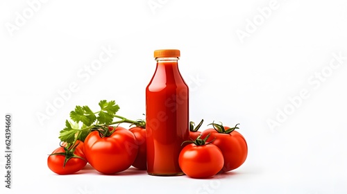 Glass bottle of tasty ketchup and fresh tomatoes isolated on white