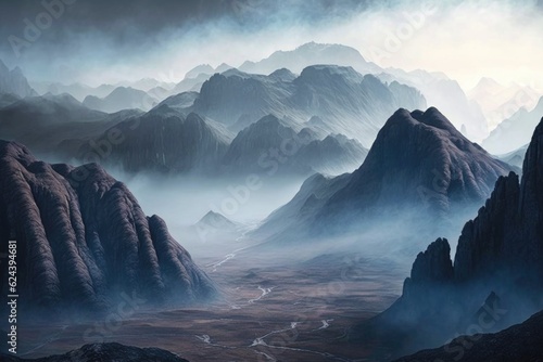 mist-covered mountain range with fog drifting through the valleys, created with generative ai