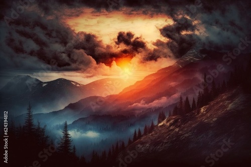 foggy mountain sunset, with warm colors and dramatic clouds, created with generative ai