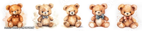 Generative AI, Set of 5 super cute brown teddy bear watercolor isolated on white background
