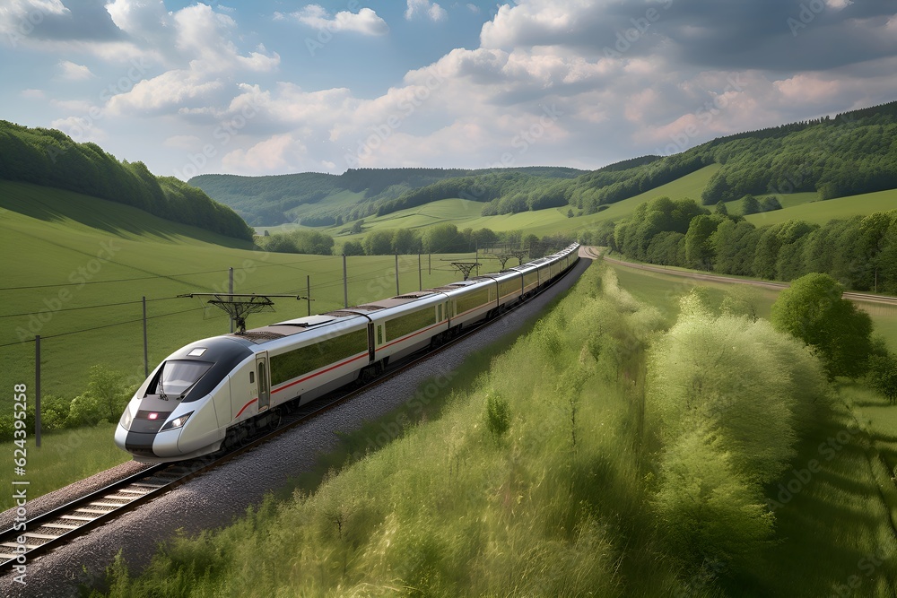 A high-speed train zipping past a scenic countryside landscape - Generative AI