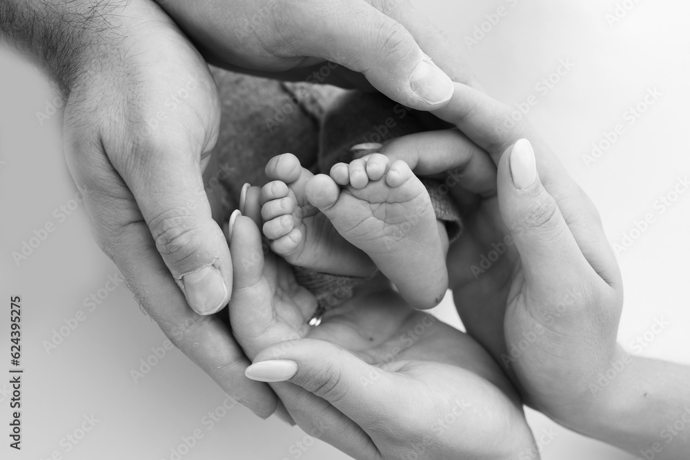The palms of the father, the mother are holding the foot of the newborn baby on white background. Feet of the newborn on the palms of the parents. Photography of a child's toes, heels and feet. The palms of the father, the mother are holding the foot of the newborn baby on white background. Feet of the newborn on the palms of the parents. Photography of a child's toes, heels and feet.
