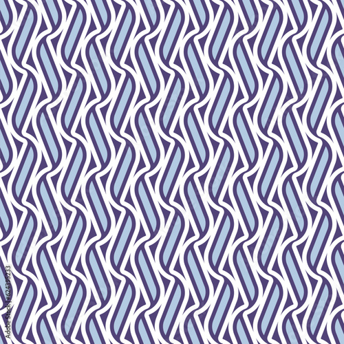 Seamless repeating pattern. Abstract composition of purple wavy lines and rectangle shape geometric elements. Surface design. Graphic textile texture. Decorative vector illustration.