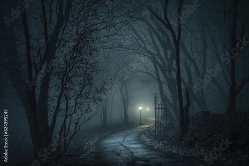 dark and foggy night-time path with eerie atmosphere, perfect for horror settings, created with generative ai