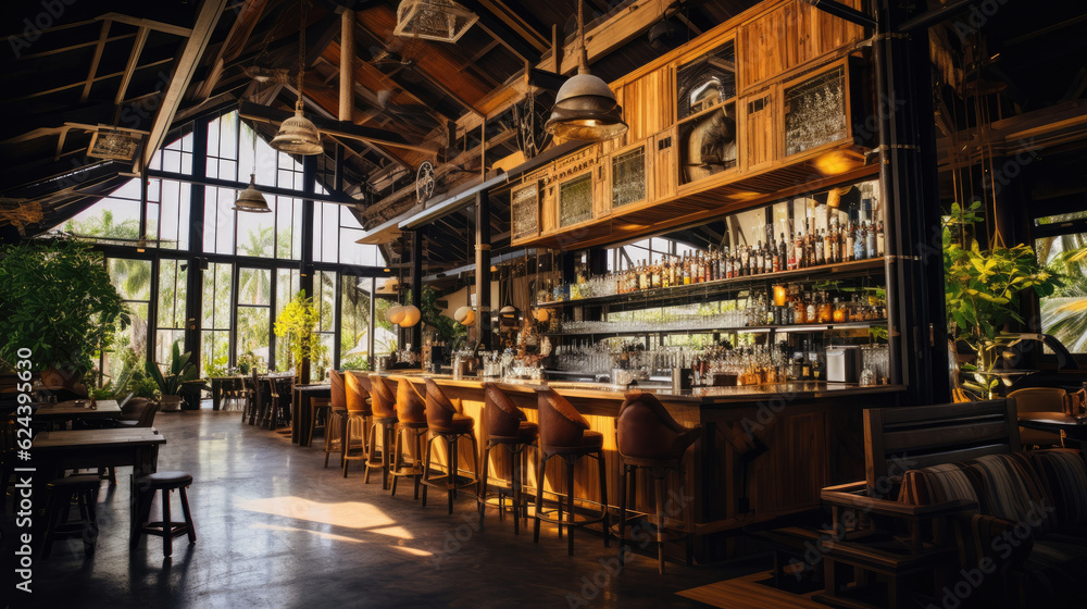 Fototapeta premium Rustic wooden table in a cozy restaurant setting