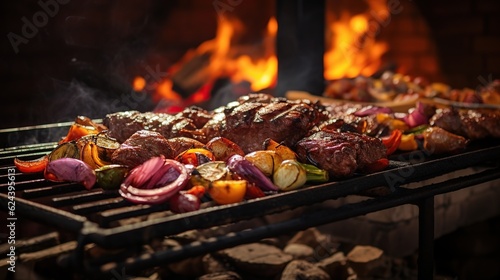 Beef steaks food on the grill with flames