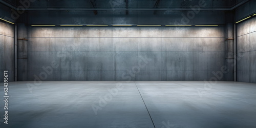 A concrete room with walls and floor. Concrete wall and floor abstract background. Generative AI.  © killykoon