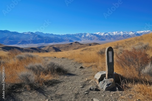 a trail marker with a view of the surrounding scenery, including mountains and blue skies, created with generative ai photo