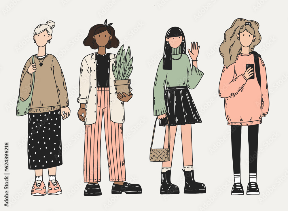 Vector casual style girls. Graphic cartoon vector illustration in pastel colors. Hand-drawn four women in fashion clothes.