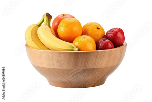 Wooden bowl with fruit isolated on white background