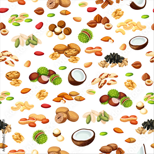 Seamless pattern with nuts and seeds. Vector illustration: sunflower, pumpkin, kola nuts, walnuts, almonds, peanuts, chestnuts, nutmeg,Brazilian, cashew,pistachios,coconut, hazelnut,pecan, macadamia.