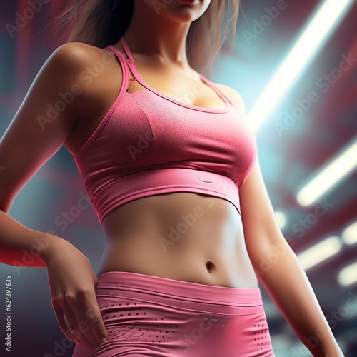 woman with sexy body wearing pink athletic suit on blurred background