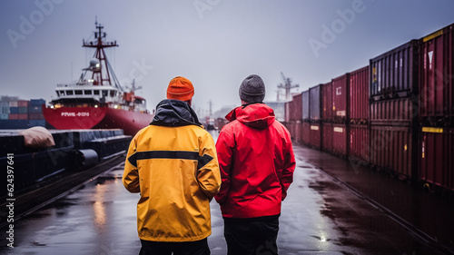 Deux hommes vus de dos discutant  sur le quai du port - Générative IA photo