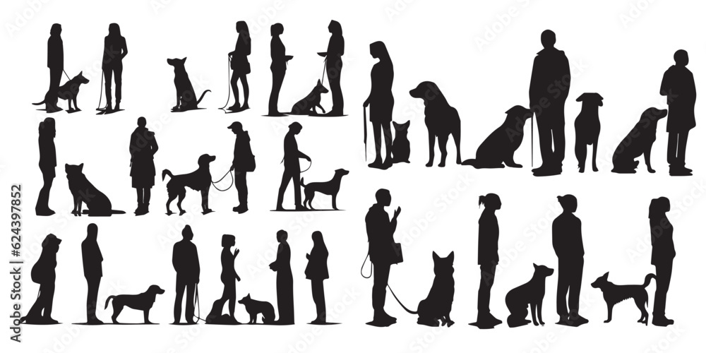 Set of silhouettes of people with black dog animal vector illustration. Isolated black and white people vector illustration. Set of silhouettes of people with black dog animal vector illustration. Isolated black and white people vector illustration.