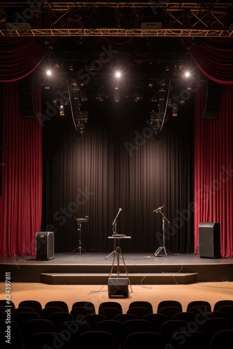 microphone and speaker setup on a conference stage, created with generative ai