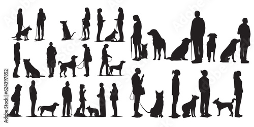 Set of silhouettes of people with black dog animal vector illustration. Isolated black and white people vector illustration.