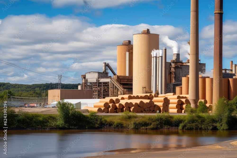 pulp and paper mill, with towering stacks of raw materials in the background, created with generative ai pulp and paper mill, with towering stacks of raw materials in the background, created with generative ai