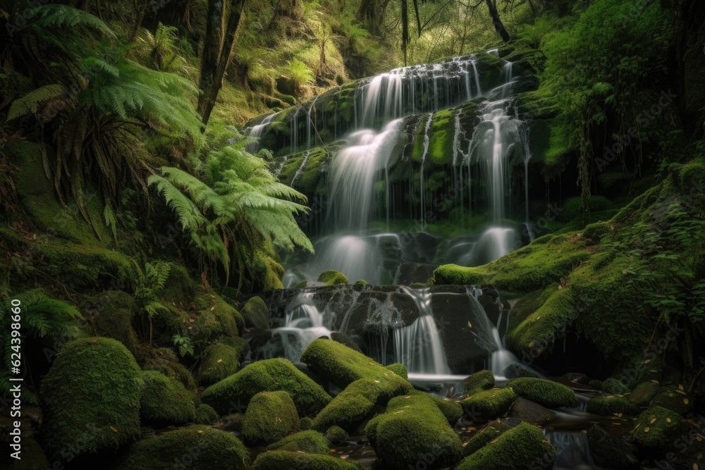 waterfall, cascading over mossy rock, surrounded by lush greenery, created with generative ai waterfall, cascading over mossy rock, surrounded by lush greenery, created with generative ai
