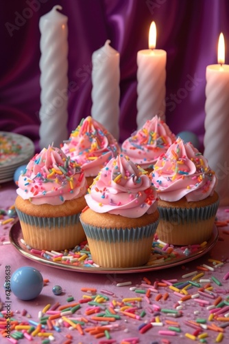 birthday cupcakes with colorful sprinkles and candles  created with generative ai