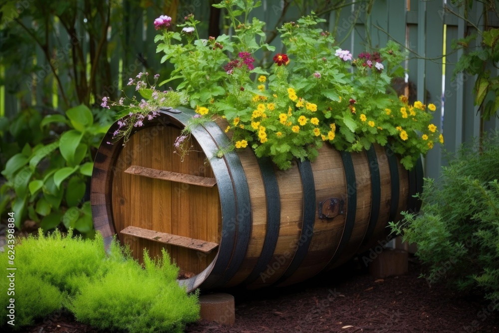 barrel repurposed as a flower planter outdoors, created with generative ai barrel repurposed as a flower planter outdoors, created with generative ai