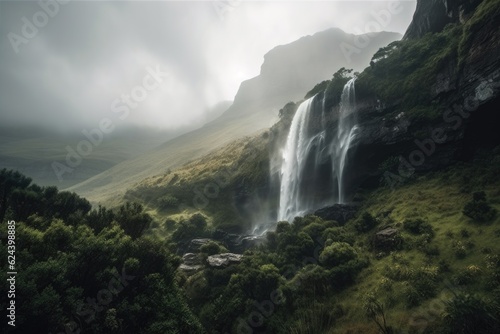 majestic waterfall with misty clouds in the sky, created with generative ai