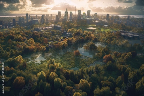 aerial view of urban skyline surrounded by nature, created with generative ai