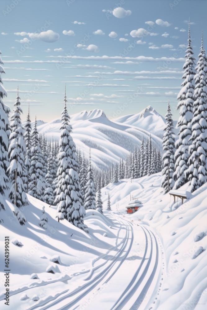 Obraz premium snow-covered mountain landscape with ski tracks, created with generative ai