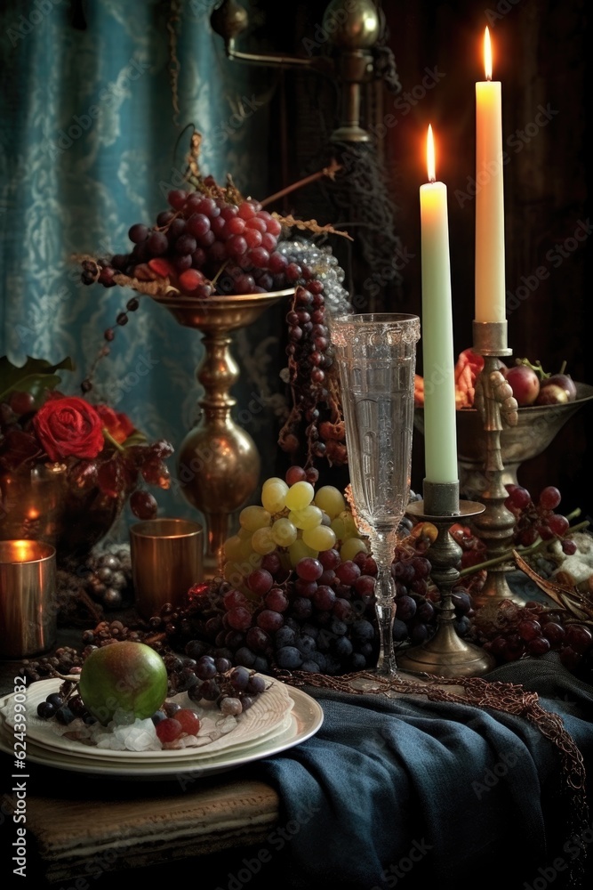 holiday table setting with festive decorations and candles, created with generative ai