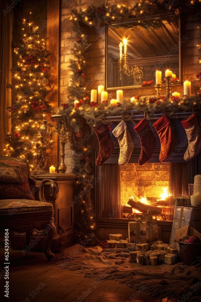 fireplace with stockings hung and a warm festive glow, created with generative ai