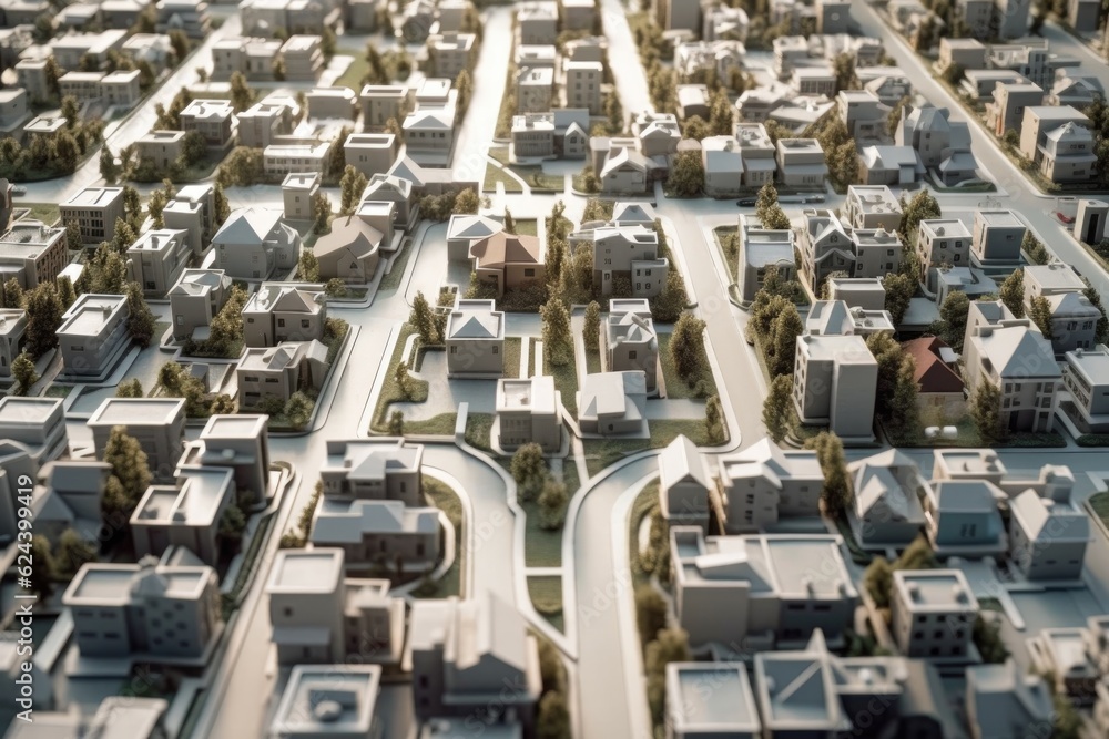 birds-eye view of a 3d printed neighborhood layout, created with generative ai birds-eye view of a 3d printed neighborhood layout, created with generative ai