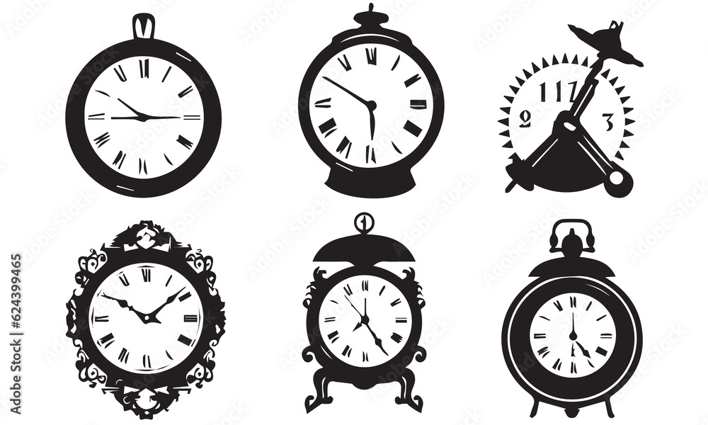 Set of silhouette clocks Vector illustration. Clocks vector Illustration art. set of clocks design. Set of silhouette clocks Vector illustration. Clocks vector Illustration art. set of clocks design.