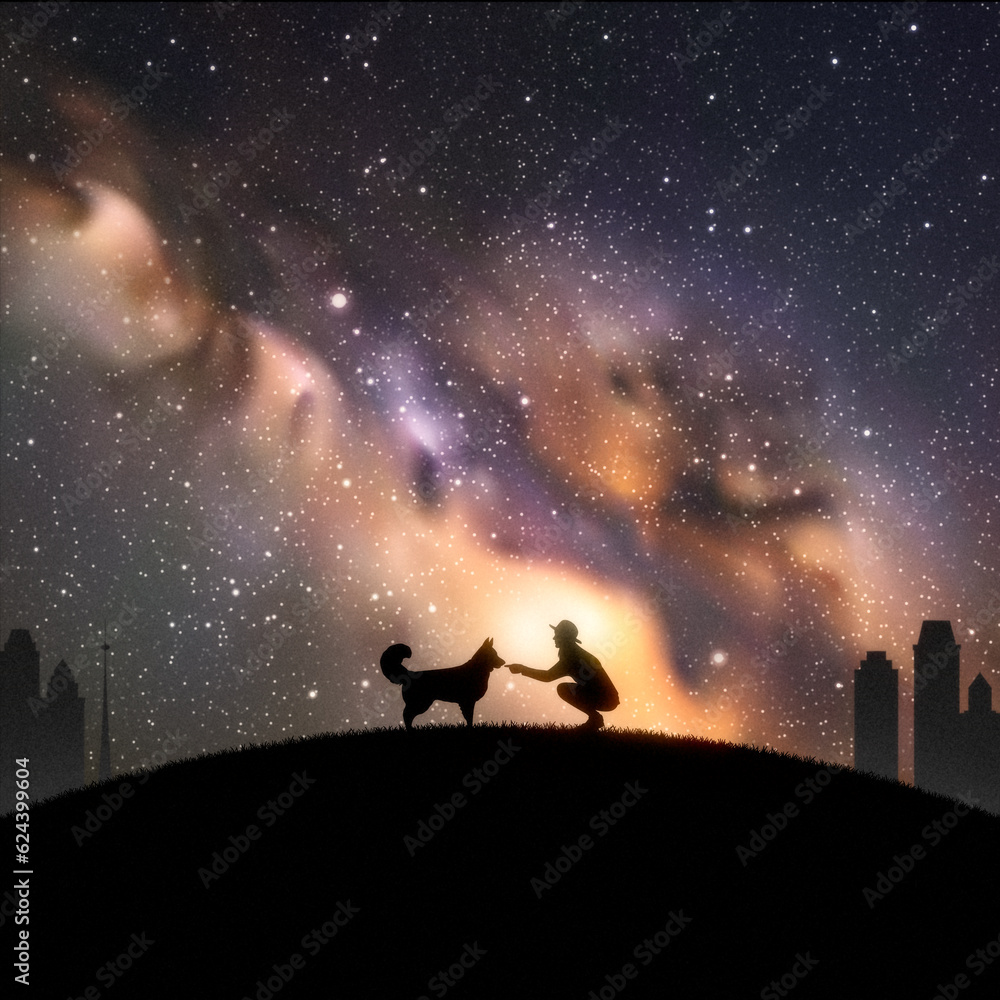 Girl with dog in park. Woman and pet silhouette. Milky Way at night