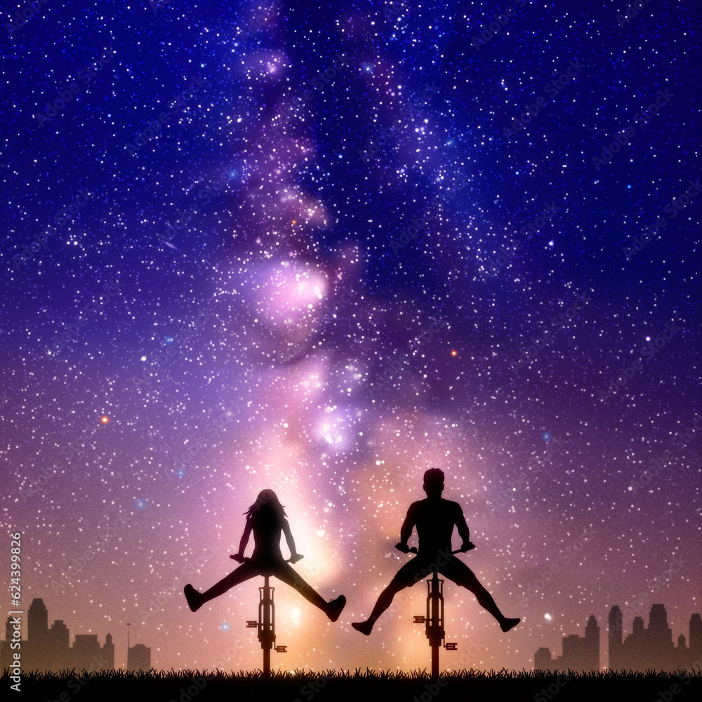 Couple on bikes at night. Cyclist with legs apart. Stars and Milky Way.