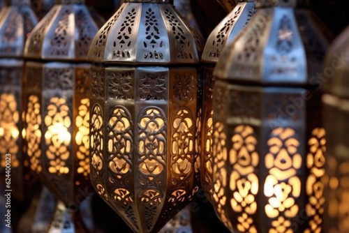 beautiful details of a moroccan lanterns metalwork, created with generative ai