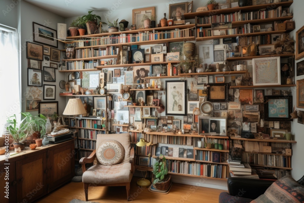 wall of shelves displaying eclectic mix of books, photos, and other personal items, created with generative ai