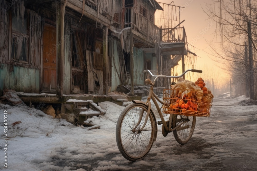 abandoned bicycle with snow-filled basket, created with generative ai