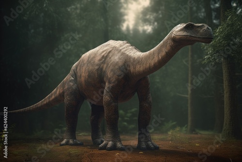 Full body view of Apatosaurus against a prehistoric forest. Dinosaur filmic and realistic illustration. 