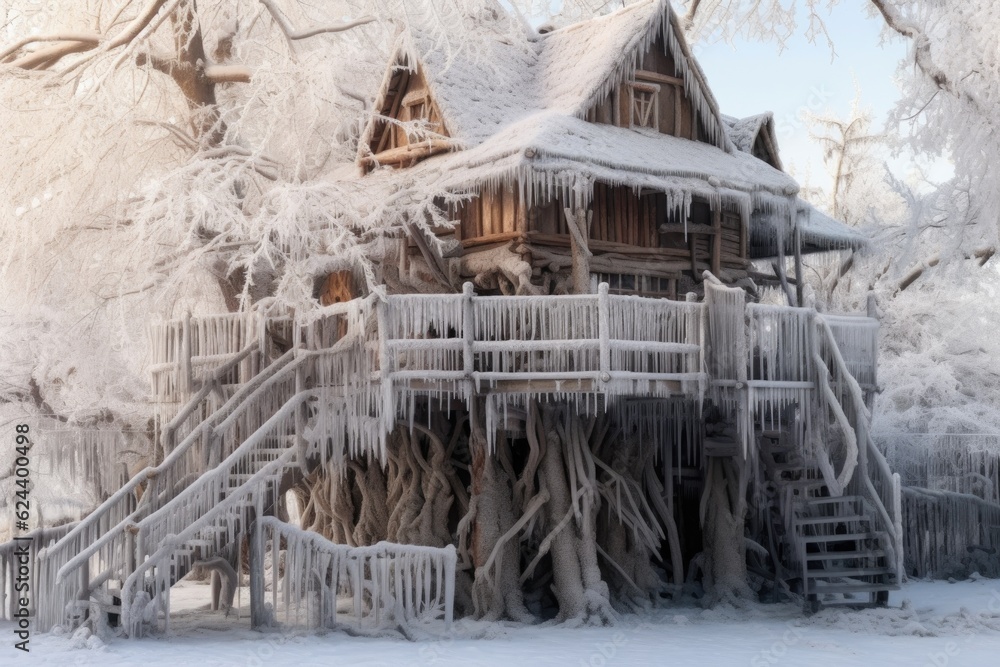 snow-covered treehouse with icicles hanging from roof, created with generative ai