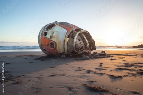 Fototapeta Naklejka Na Ścianę i Meble -  crashed spaceship on a deserted beach, created with generative ai