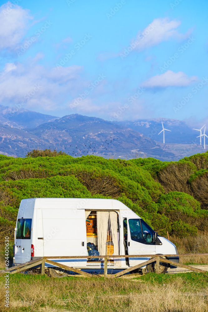 Camper vehicle on beach, Spain