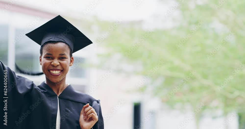 Black woman, university and graduation certificate or portrait of ...