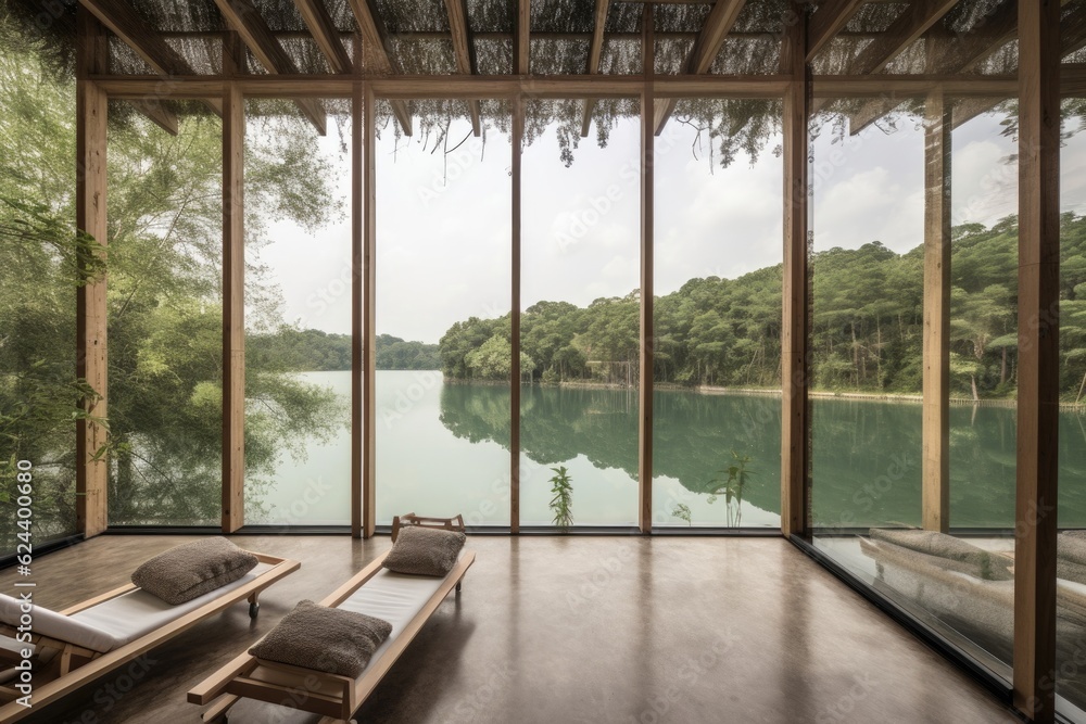 wellness retreat with view of a tranquil lake, surrounded by greenery, created with generative ai