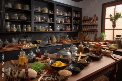 kitchen with cookware  spices  and ingredients for a variety of different dishes  created with generative ai