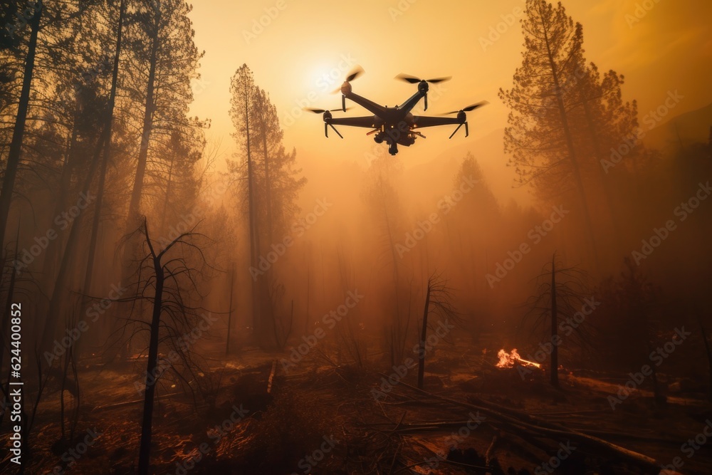 drones working together to extinguish a wildfire from above, created ...